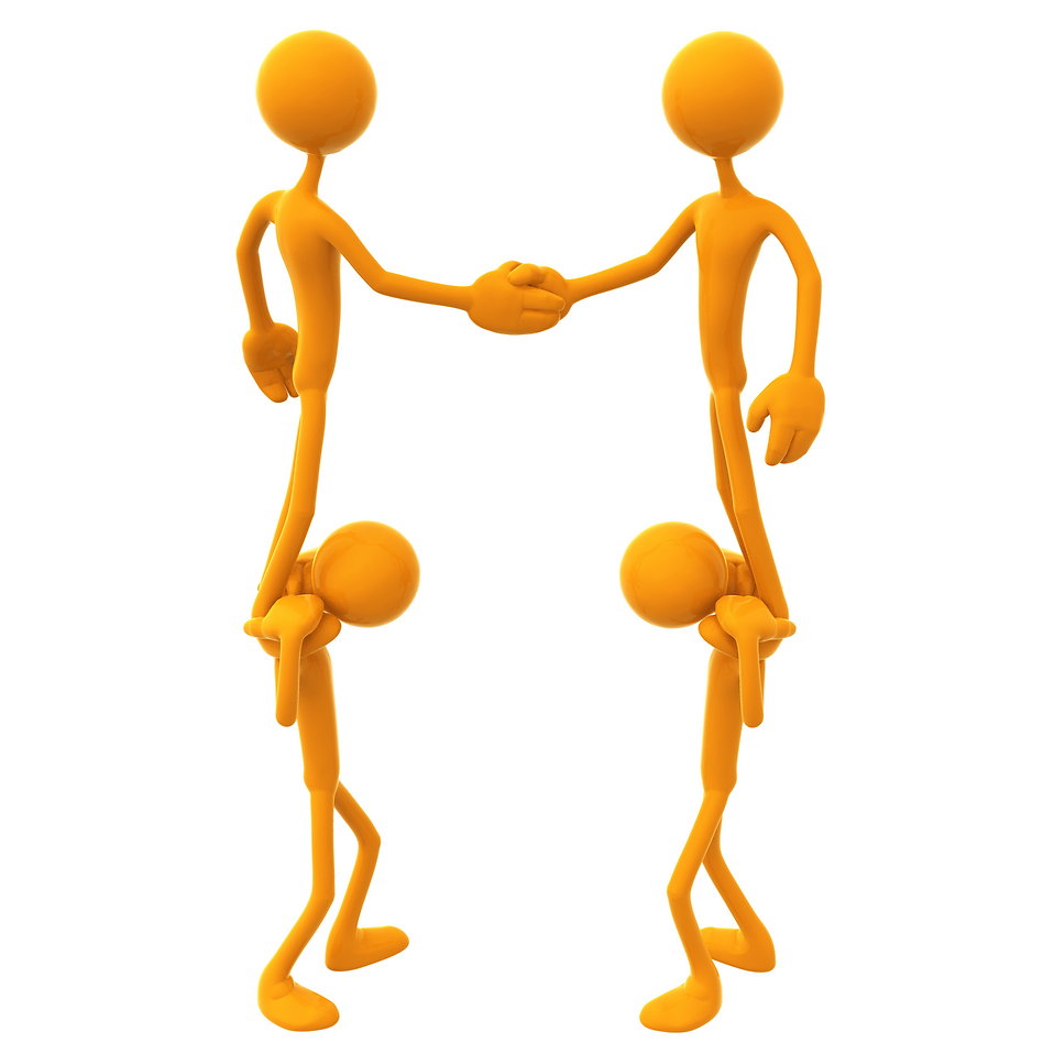 People shaking hands while standing on others' shoulders
