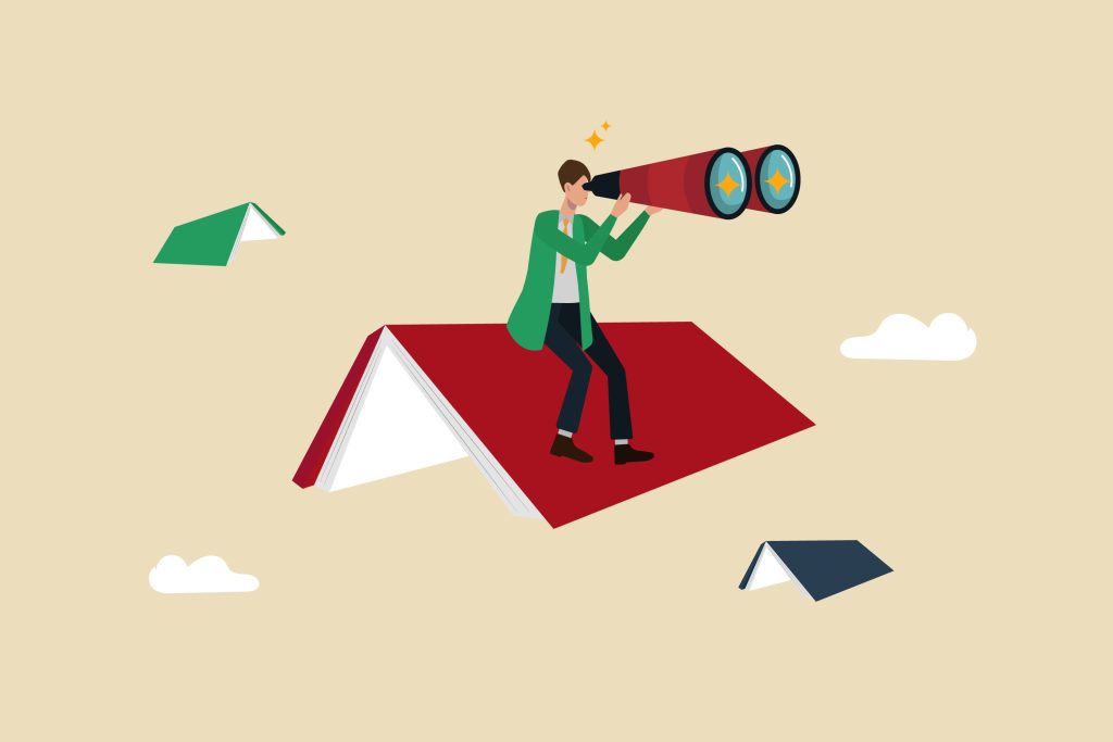 A person sitting on a flying book, with giant binoculars looking towards exciting prospects